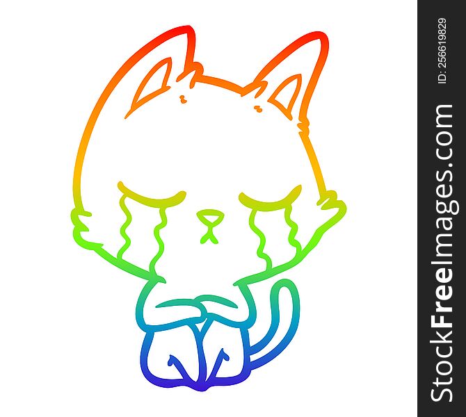 rainbow gradient line drawing of a crying cartoon cat sitting
