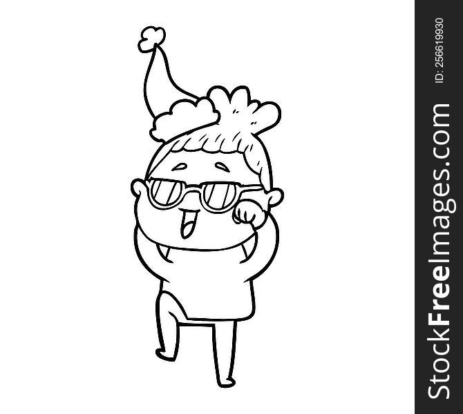 line drawing of a happy woman wearing spectacles wearing santa hat