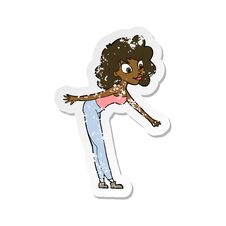 Retro Distressed Sticker Of A Cartoon Woman Reaching To Pick Something Up Stock Photo Retro Distressed Sticker Of A Cartoon Woman Reaching To Pick Something Up Stock Photo