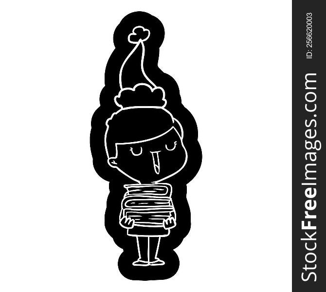 quirky cartoon icon of a happy boy with stack of books wearing santa hat