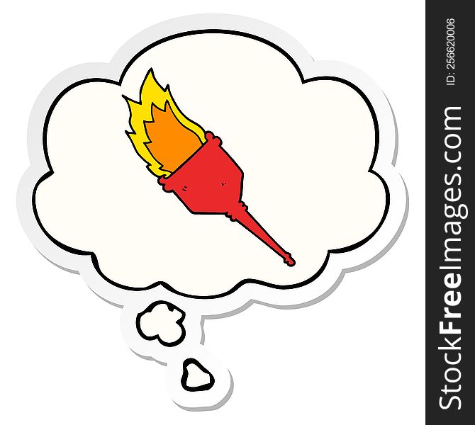 cartoon flaming torch with thought bubble as a printed sticker