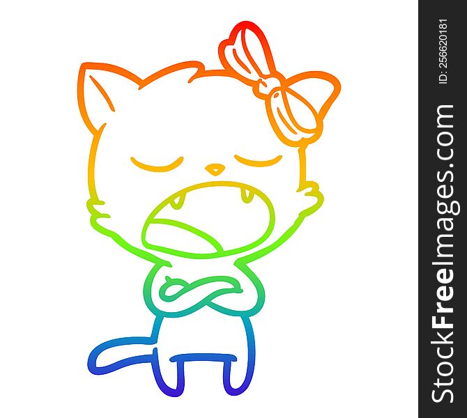 rainbow gradient line drawing of a annoyed cartoon cat