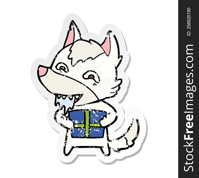 Distressed Sticker Of A Cartoon Hungry Wolf Holding Christmas Present