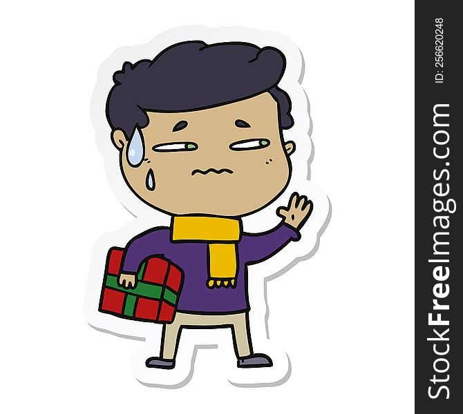 sticker of a cartoon anxious man with christmas gift