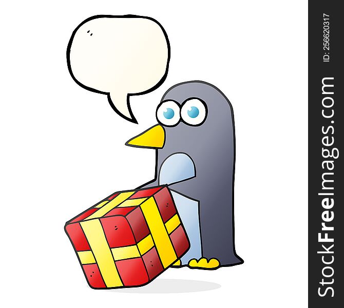 Speech Bubble Cartoon Penguin With Christmas Present
