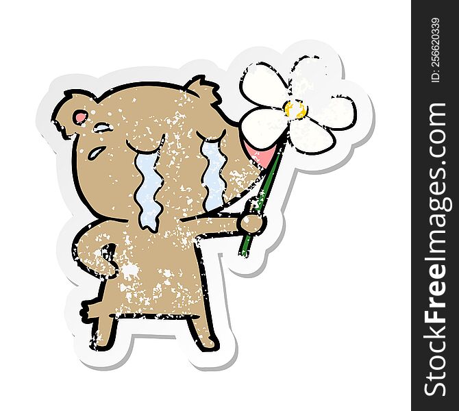 Distressed Sticker Of A Cartoon Crying Bear With Flower