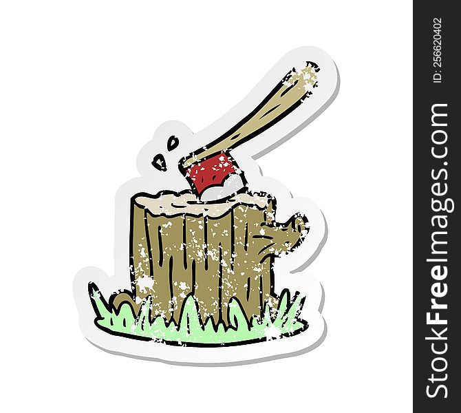 distressed sticker of a cartoon axe in tree stump