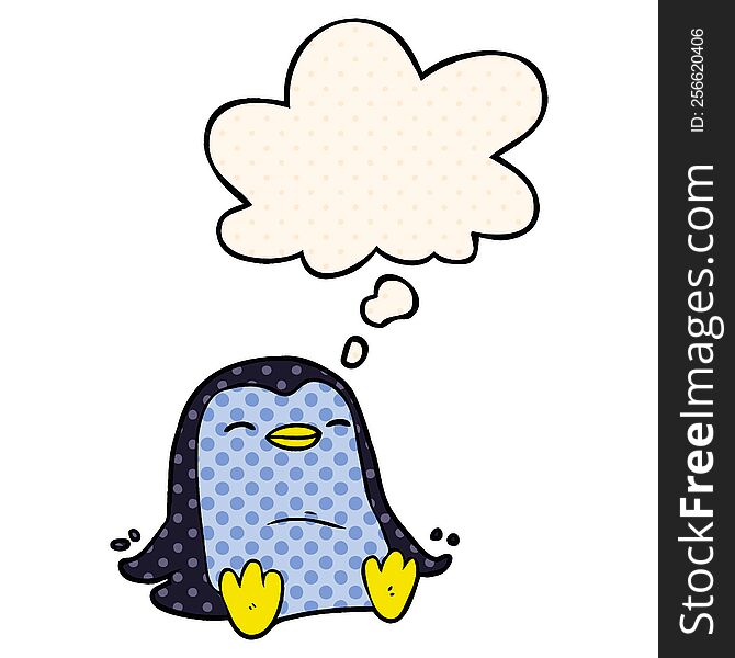 cartoon penguin with thought bubble in comic book style