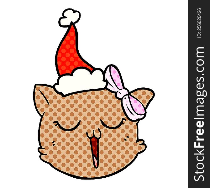 Comic Book Style Illustration Of A Cat Face Wearing Santa Hat