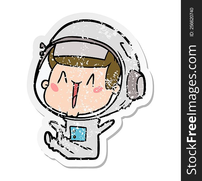 distressed sticker of a happy cartoon astronaut sitting