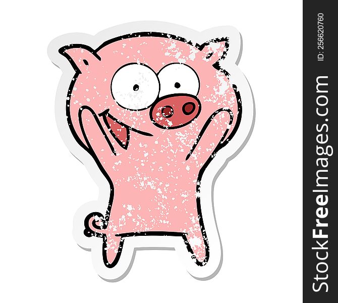 distressed sticker of a happy pig cartoon