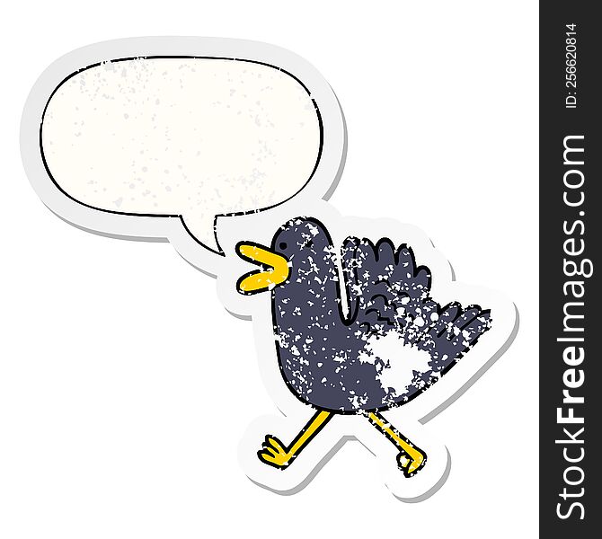 cartoon duck running with speech bubble distressed distressed old sticker. cartoon duck running with speech bubble distressed distressed old sticker