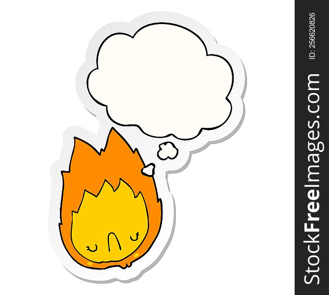 cartoon unhappy flame with thought bubble as a printed sticker