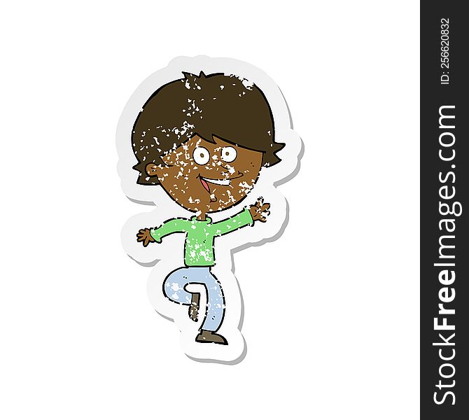 Retro Distressed Sticker Of A Cartoon Happy Waving Boy