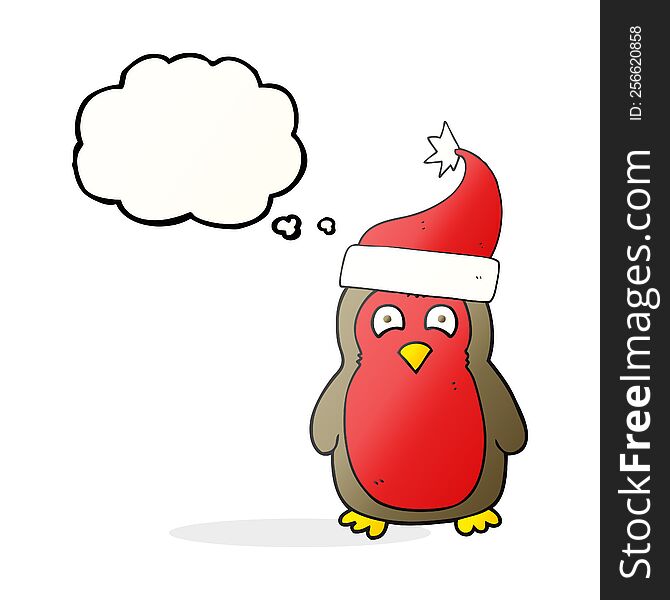 Thought Bubble Cartoon Christmas Robin Wearing Santa Hat