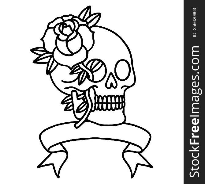 Black Linework Tattoo With Banner Of A Skull And Rose