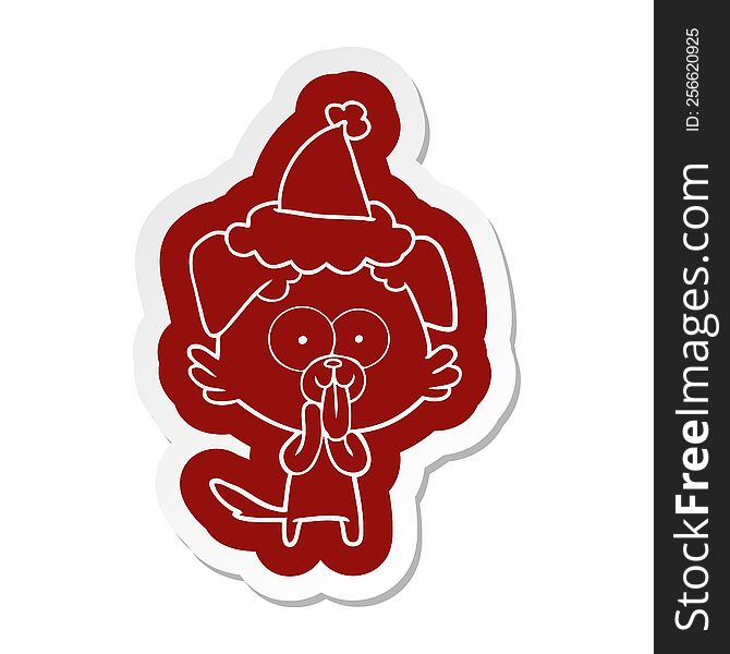 Cartoon  Sticker Of A Dog With Tongue Sticking Out Wearing Santa Hat