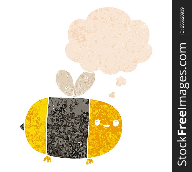 cute cartoon bee and thought bubble in retro textured style