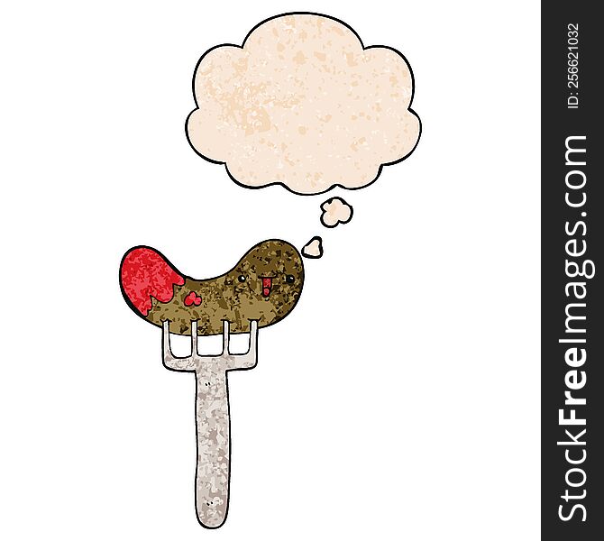cartoon sausage and fork with thought bubble in grunge texture style. cartoon sausage and fork with thought bubble in grunge texture style