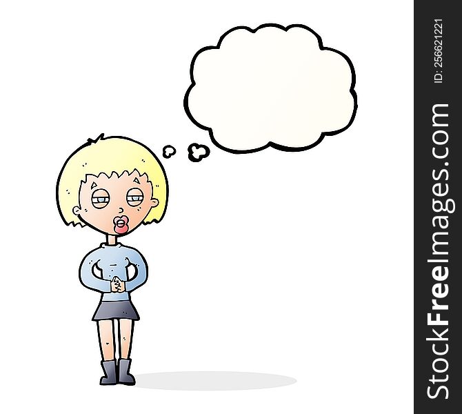 cartoon suspicious girl with thought bubble