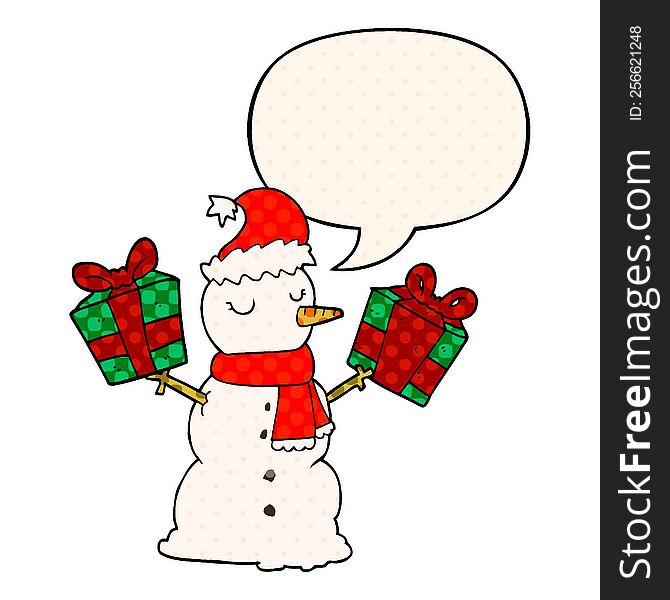 Cartoon Snowman And Speech Bubble In Comic Book Style