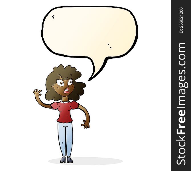Cartoon Worried Woman Waving With Speech Bubble