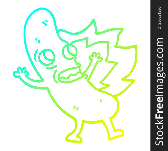 cold gradient line drawing of a cartoon flaming hotdog