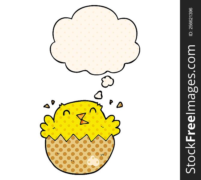 cartoon hatching chick with thought bubble in comic book style