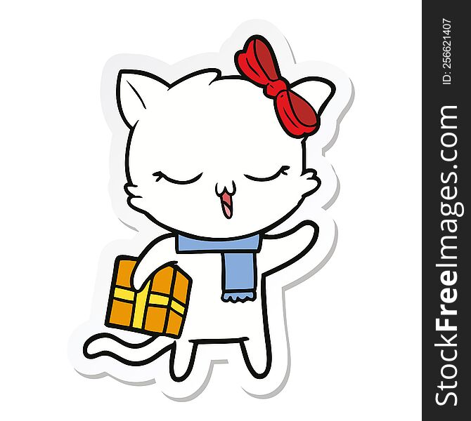Sticker Of A Cartoon Girl Cat With Christmas Present