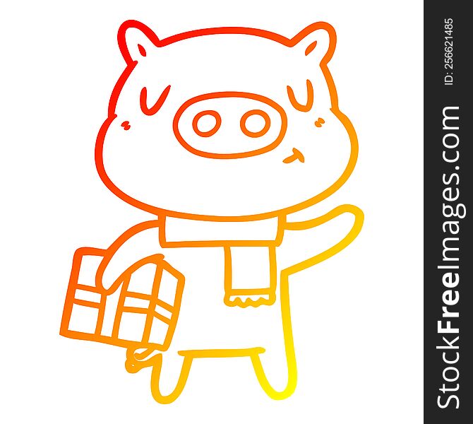 warm gradient line drawing of a cartoon christmas pig