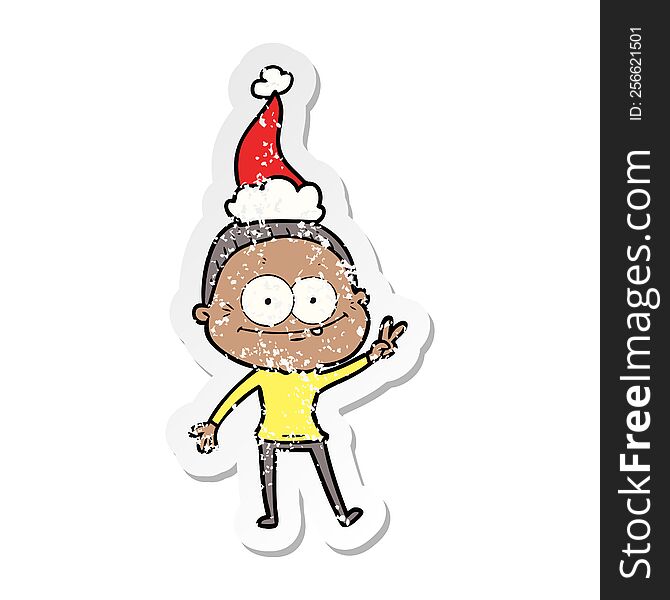 Distressed Sticker Cartoon Of A Happy Old Woman Wearing Santa Hat