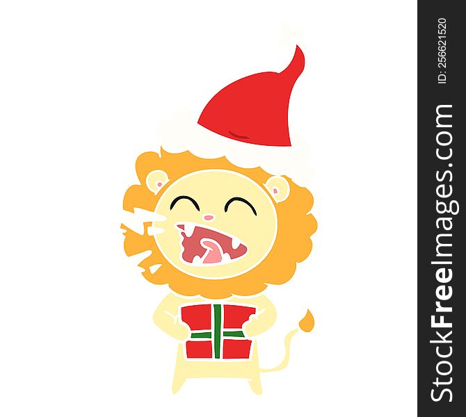 hand drawn flat color illustration of a roaring lion with gift wearing santa hat