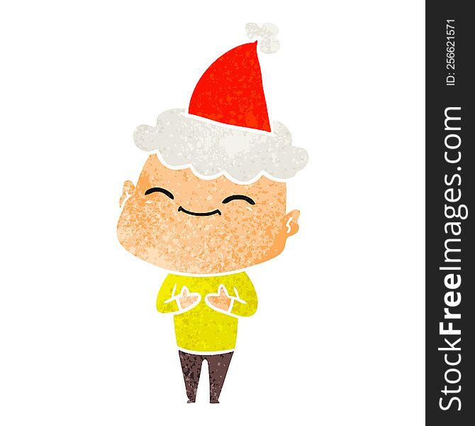 Happy Retro Cartoon Of A Bald Man Wearing Santa Hat