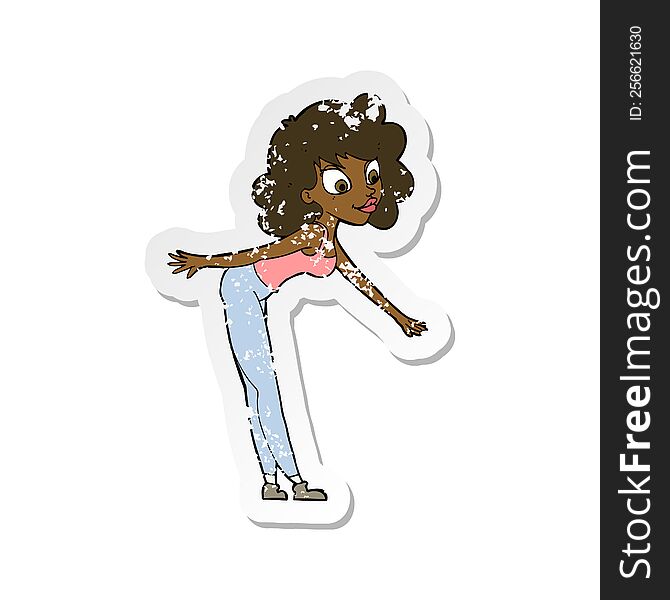 Retro Distressed Sticker Of A Cartoon Woman Reaching To Pick Something Up