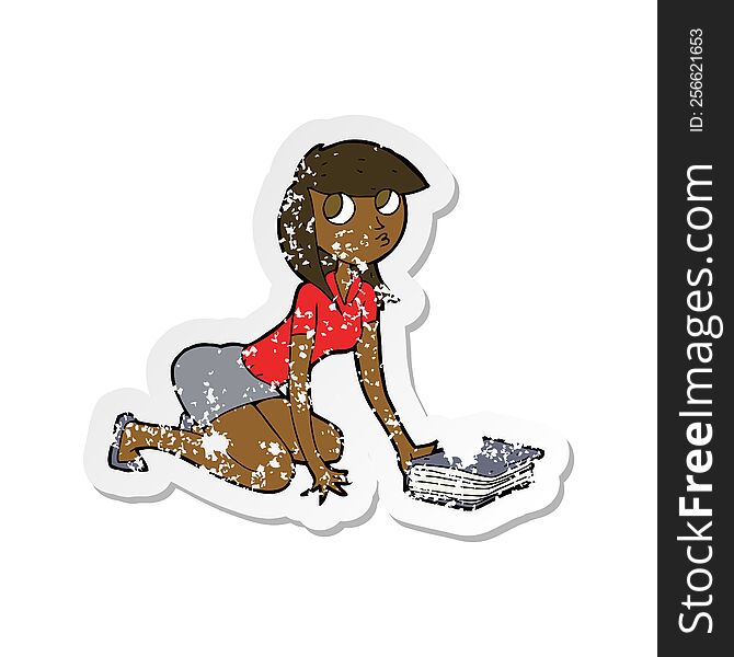 Retro Distressed Sticker Of A Cartoon Girl Picking Up Book