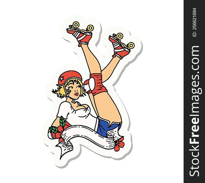 sticker of tattoo in traditional style of a pinup roller derby girl with banner. sticker of tattoo in traditional style of a pinup roller derby girl with banner