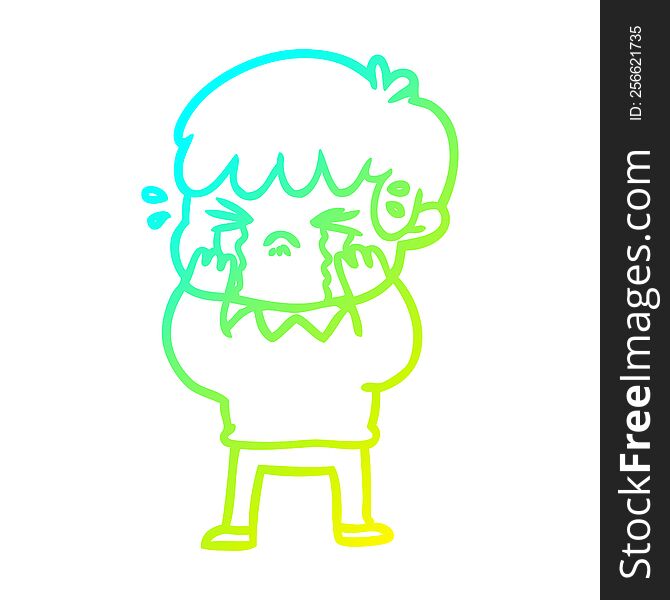 Cold Gradient Line Drawing Cartoon Boy Crying
