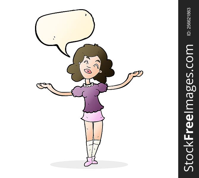 cartoon woman taking praise with speech bubble