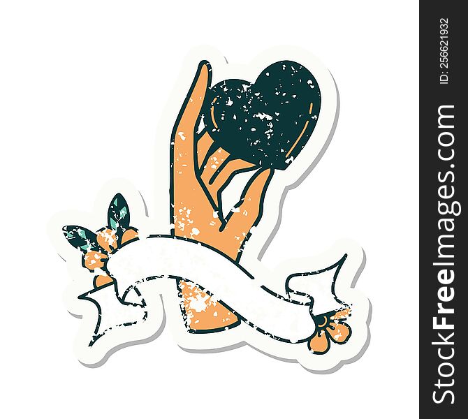 grunge sticker with banner of a hand holding a heart