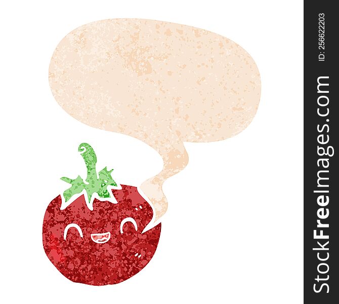 Cute Cartoon Tomato And Speech Bubble In Retro Textured Style
