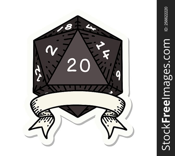 sticker of a natural 20 critical hit D20 dice roll. sticker of a natural 20 critical hit D20 dice roll