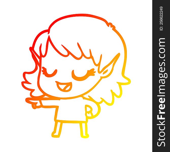 Warm Gradient Line Drawing Happy Cartoon Elf Girl Pointing