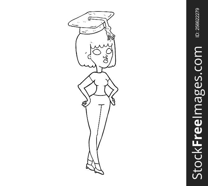 freehand drawn black and white cartoon woman with graduation cap