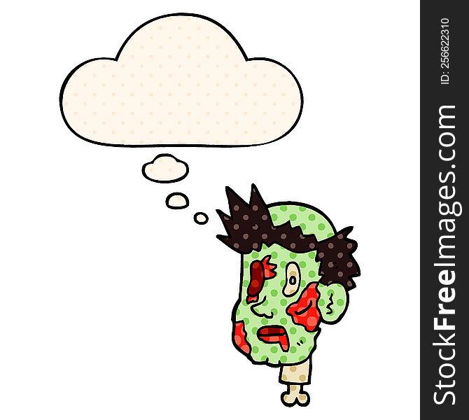 cartoon zombie head and thought bubble in comic book style