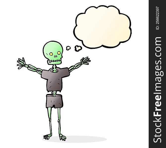 cartoon skeleton in clothes with thought bubble