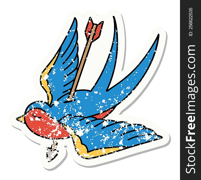 distressed sticker tattoo in traditional style of a swallow shot through with arrow. distressed sticker tattoo in traditional style of a swallow shot through with arrow