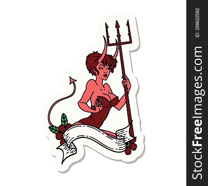 sticker of tattoo in traditional style of a pinup devil girl with banner. sticker of tattoo in traditional style of a pinup devil girl with banner