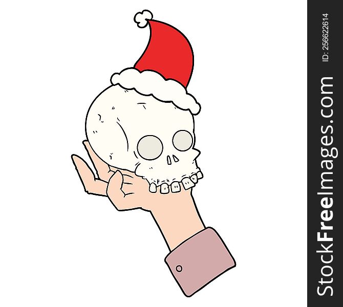 Line Drawing Of A Hand Holding Skull Wearing Santa Hat