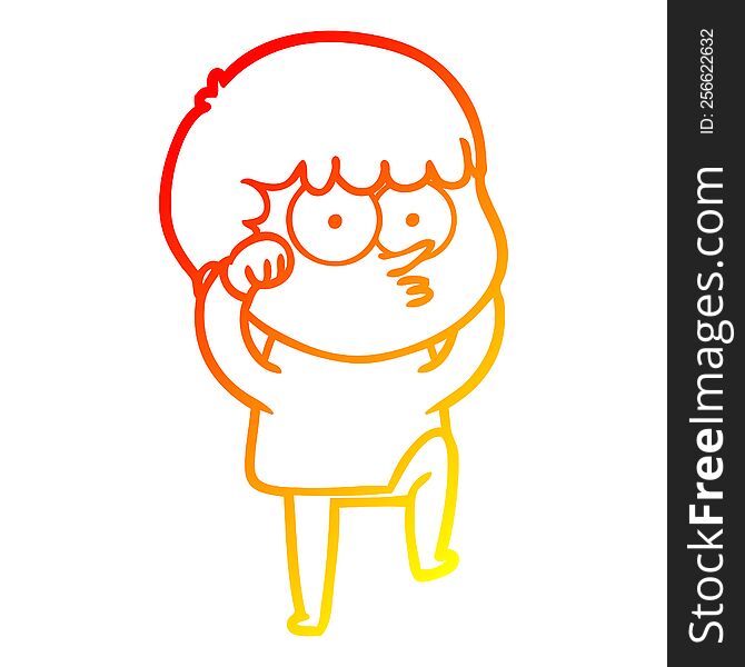 warm gradient line drawing of a cartoon curious boy rubbing eyes in disbelief