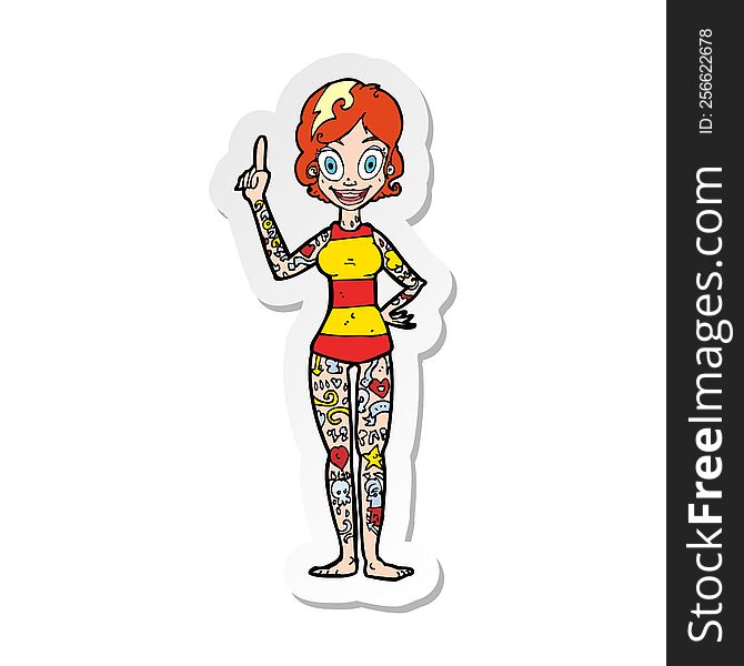 sticker of a cartoon woman covered in tattoos